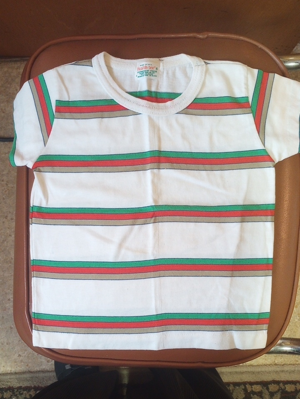 Health-Tex Vintage Retro Striped Casual Summer Shirt. Green Orange Brown White